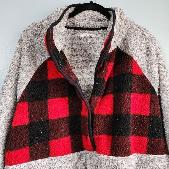 Maurices Plus Size Gray Buffalo Plaid Yoke Snap Front Sherpa Pullover Sweatshirt - Picture 11 of 12